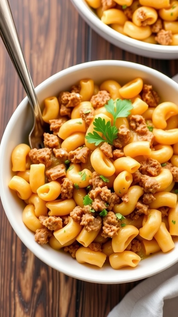 A bowl of homemade Hamburger Helper with macaroni, ground beef, and cheese sauce, garnished with parsley on a wooden table.